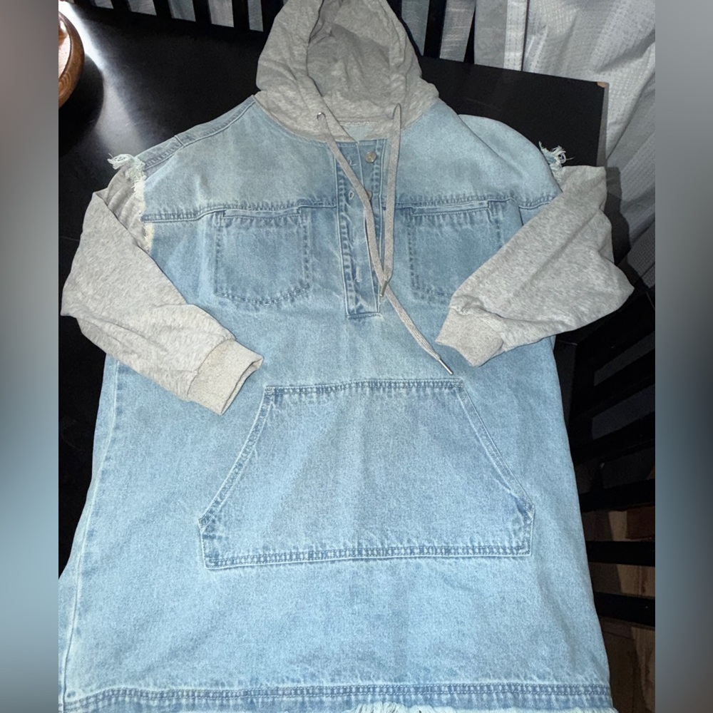 Smoke & Mirrors Los Angeles Denim Hoodie Dress with Gray Sleeves. Size S.